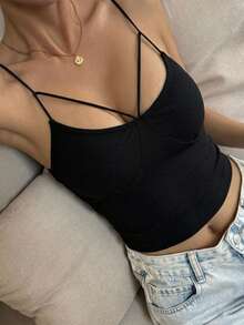DAZY Women Summer Hollow Out Stretchy Cropped Cami Top Going Out Tops Tank Tops - Black - View 14