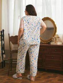 Côtesoire Elegant Romantic Floral Pattern Lace Hollow Out Plus Size Pajama Set - Multicolor - View 2