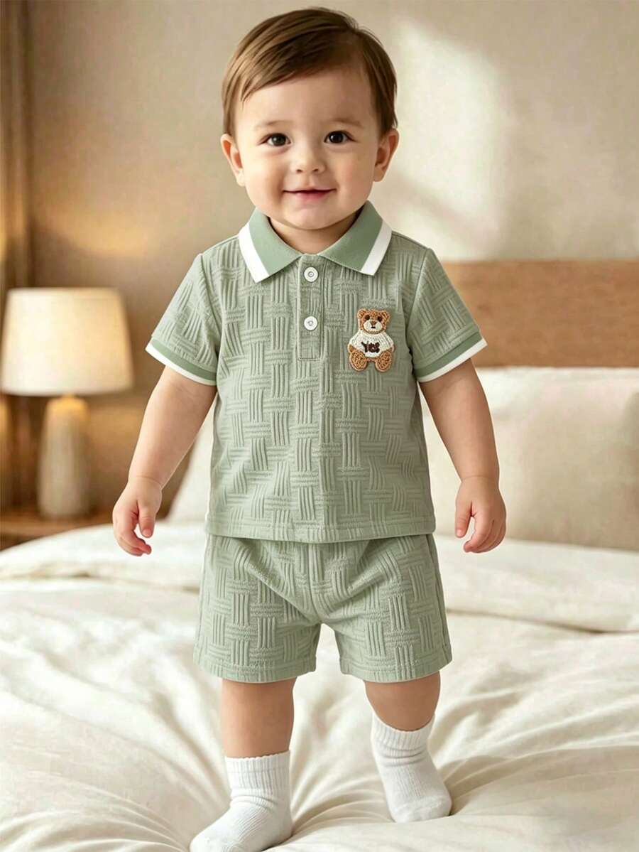 Souflis Souflis 男嬰白色夏季休閒提花POLO領短袖上衣與短褲套裝 可愛學院風 - 綠色 - 查看 1