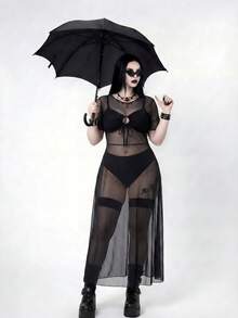 ROMWE Goth Plus Size Women Swimsuit Cover Up Mesh Tunic Dress, Long Sleeve Dress For Beach Vacation Club Rave Party, Pool, Halloween Summer Sexy Black - Black - View 5