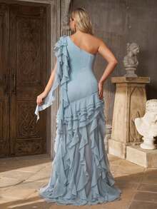 Aureia Plus Size Elegant Romantic Dusty Blue One Shoulder Asymmetric Neckline 3D Floral Fitted Bodycon Ruched Flared Ruffle Hem Dress Formal Wedding Guest - Blue - View 2