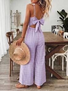 SHEIN Holidaya 女款春夏度假V領藍色細肩帶連身褲 - 紫色 - 查看 6