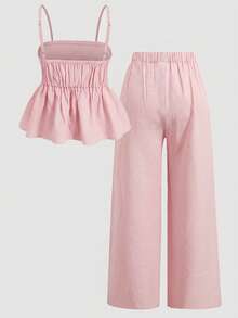 Girlism Conjunto de top camisola con volantes en el bajo y pantalones de color liso para niña preadolescente - Rosa - Ver 2