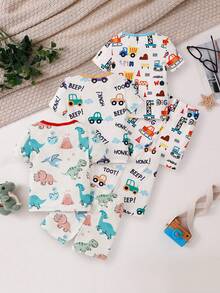 SHEIN GraphicGems 6pcs/Set Boy's And Young BoyCute Cool Dinosaur Car & Construction Vehicle Print Short Sleeve Shorts Knit Comfortable Soft Snug Fit Pajamas Loungewear Set - Multicolor - View 2
