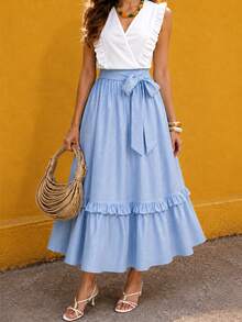 SHEIN LUNE Women's Spring/Summer Vacation Casual Tropical European Elegant Jamican Sexy V-Neck Flutter Sleeve Top And White Light Blue Skirt 2 Pieces Set - Blue and White - View 6