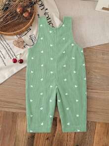 SHEIN 女嬰幼兒 0-3 歲 春/秋 心形印花 綠色燈芯絨吊帶褲套裝 胸前口袋 休閒可愛 拍照穿搭 - 綠色 - 查看 3