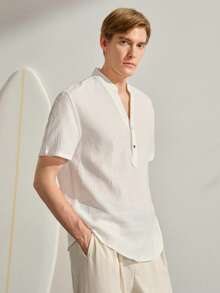 VeloEdit Men's White Solid Short Sleeve Woven Loose Fit Shirt, Pocket, Button, Button Front, Summer, Button Down Shirt, Lightweight, Breathable, Cool, Casual Matching CoupleFall Winter - White - View 6