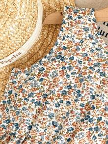 SHEIN Elladie kids 2件/組 女童夏季迷人白色藍色橘色復古+花卉野餐印花圓領荷葉邊無袖上衣配V領背部與蝴蝶結裝飾+寬腿褲套裝，適合夏季穿搭、海灘週末、度假浪漫、島嶼風、都市晚間、生日穿搭、波希米亞節慶 - 卡其色 - 查看 8
