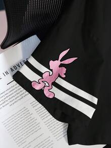 LOONEY TUNES X SHEIN 女士休闲卡通印花短款T恤，夏季 - 白色 - 查看 5
