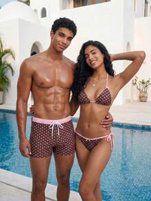 Manfinity Swimmode 男士棕色波點彈性抽繩休閒沙灘泳褲，可愛夏季度假情侶款泳裝，適合度假、泳池與熱帶風情 - 彩色 - 查看 5