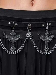 ROMWE Goth 1-Piece Women's Flannel Fabric, Moth Cross, Single-Layer Chain Decoration, Dark Style, Punk Style Chain Belt, Halloween Accessories, Daily Versatility - Black Flannel Moth Cross Chain Belt - View 2