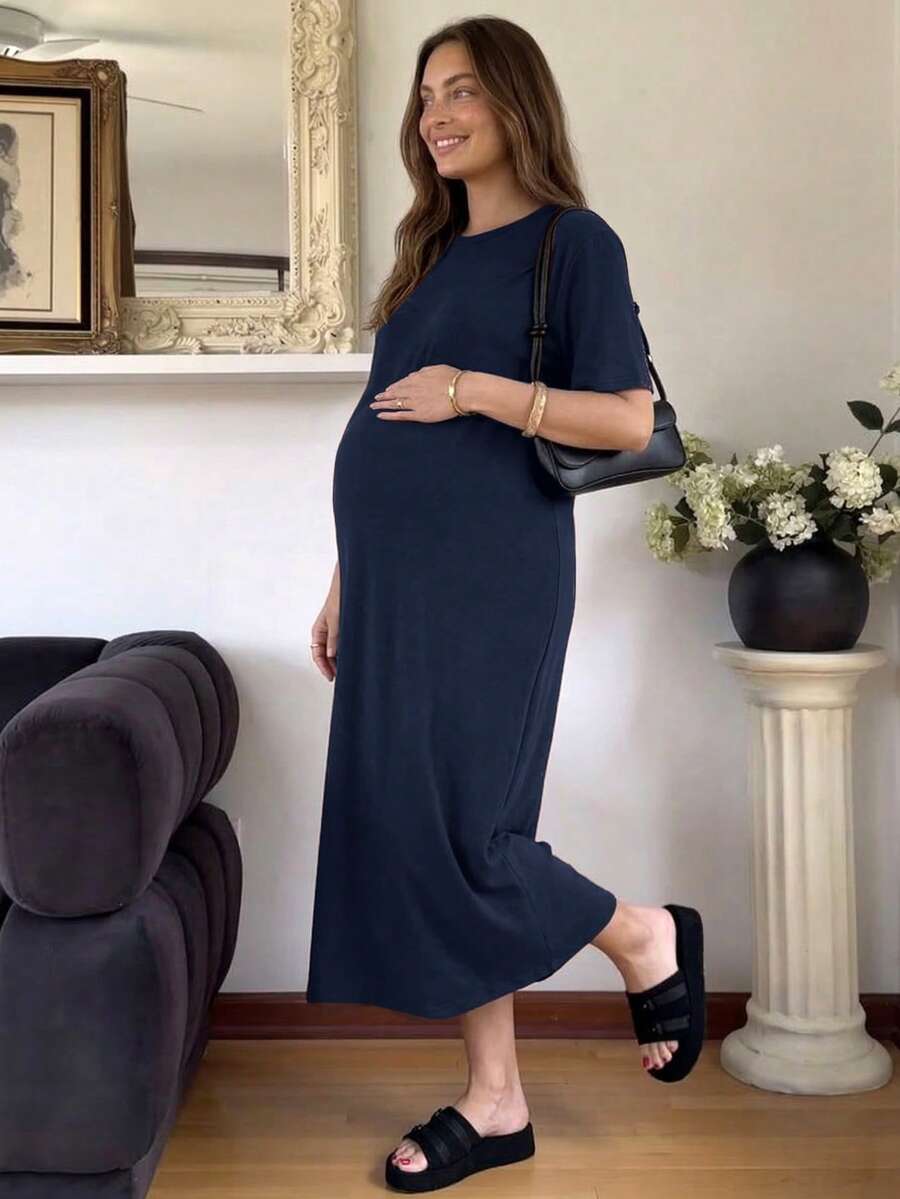 Slowluna 孕婦純色圓領時尚休閒短袖洋裝 - 藏蓝色 - 查看 1