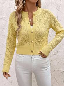 SHEIN Clasi Cárdigan de manga larga de unicolor de un solo pecho, casual y versátil para uso diario y salidas, talla grande para mujer - Amarillo - Ver 5
