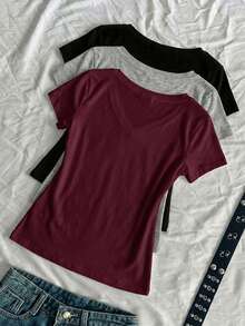 SHEIN EZwear 3件組女款夏季V領修身T恤，龐克次文化動漫風素色基礎款短袖修身T恤 - 彩色 - 查看 2