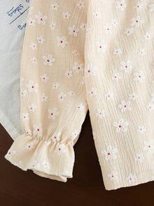 SHEIN Vintaside Kids 嬰兒/幼兒(女童)上衣套裝，花卉長袖秋季服飾 - 卡其色 - 查看 4