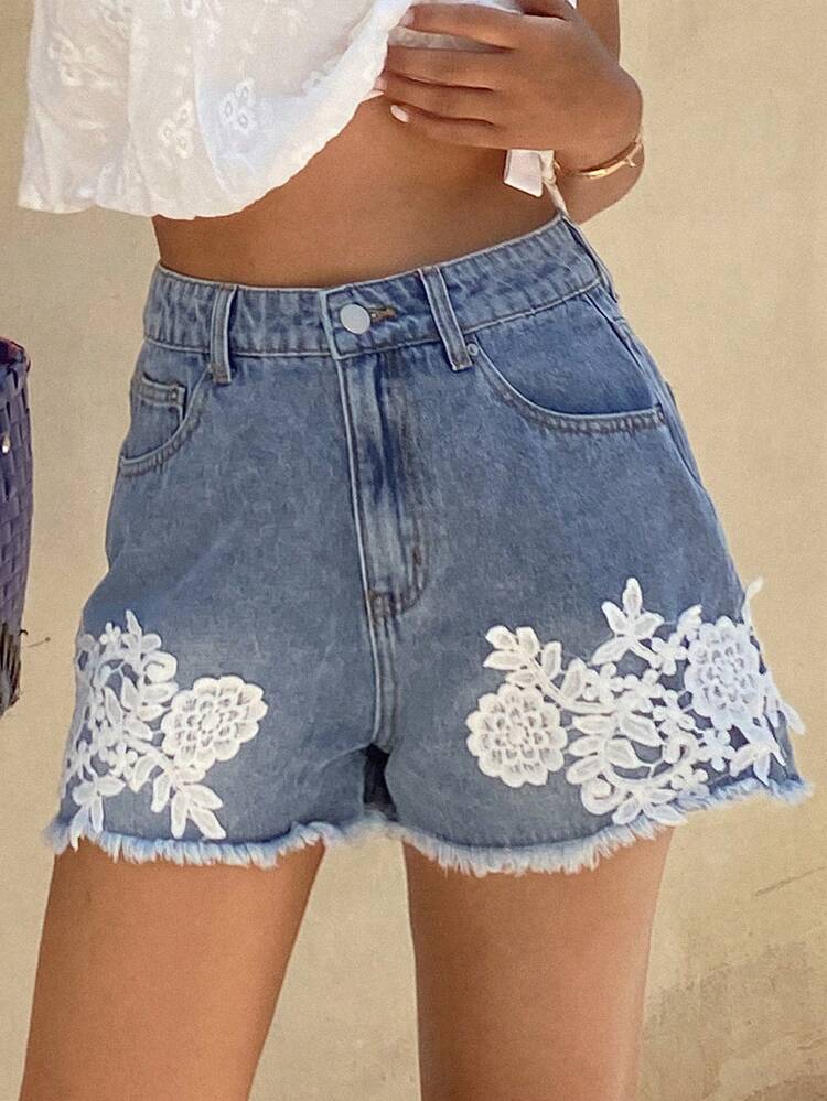 Livesso 3D Floral Trim Casual Women Denim Shorts Vacation White And Blue Floral Summer - Blue - View 3