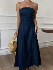 Livesso Gaun Denim Wanita Model Bandeau Slim Fit Warna Polos dengan Belahan Samping - Dark Wash - View 6