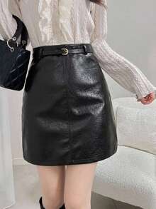 DAZY Women Solid Color PU Leather Wrap Mini Skirt, All Season - Black - View 11