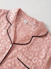 SHEIN 青少年女孩經典豹紋翻領短袖短褲舒適兩件式睡衣家居服套裝 - 彩色 - 查看 6