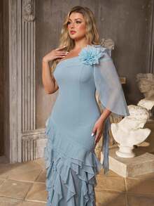 Aureia Plus Size Elegant Romantic Dusty Blue One Shoulder Asymmetric Neckline 3D Floral Fitted Bodycon Ruched Flared Ruffle Hem Dress Formal Wedding Guest - Blue - View 3