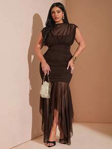 SHEIN BAE Summer Chocolate Brown Mesh Elegant Sexy Long Dress Cocktail Date Night - Brown - View 3