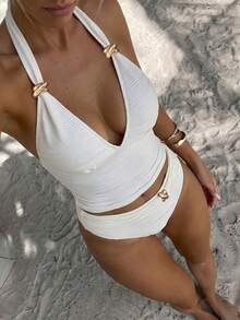 Bonvoyette 2026 New Solid Color Textured Fabric Women's Spaghetti Strap Tie V-Neck Tankini With Premium Metal Decoration, Summer Beach Casual Vacation Style Women's Tank Top Bikini Set - Apricot - View 3