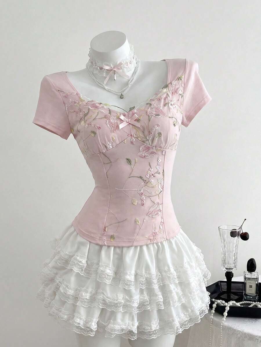 Elamini 黄色撞色荷叶边拼接心形领口收腰短袖女式连衣裙,春夏款,优雅浪漫复古可爱百搭,适合度假、外出、日常穿着。 - 粉色 - 查看 1