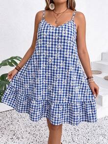 EMERY ROSE Plus Size Women's Plaid Loose Ruffle Hem Cami Dress - Blue - View 5