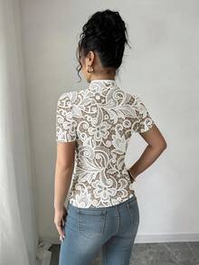 Elenzga 萬聖節女款黑色極簡修身短版立領T恤服裝 - 米色 - 查看 2