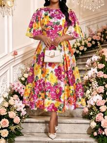 Fleurora White Summer Elegant Plus Size Floral Print Satin Midi Dress Bachelorette Party Evening Tea Party Wedding Guest Dress Round Neck Flounce Sleeve - Multicolor - View 4