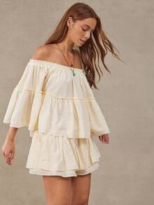 WESTFADE 100% Cotton Gauze Convertible Off Shoulder Tiered Ruffle Top & Smocked Waist Tiered Raw Edge Flowy Skort Women Two Pieces Matching Sets, Country Style - Apricot - View 4