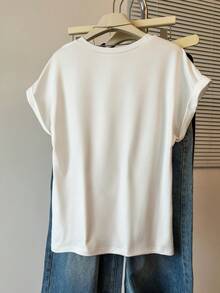 SHEIN PETITE T-shirt pour femmes, patchwork de dentelle, lettres anglaises, mode vintage, polyvalent pour le bureau, les sorties décontractées et les vacances, pour femmes de petite taille - Blanc - Voir 2