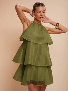 COSMINA Women's Multi-Layer Ruffle Halter Elegant Sleeveless Mini Dress,Valentine's Day,Party,Sage Dress - Green - View 4