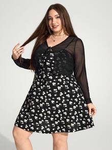 Enliva Jennifer_samantha_style Women's Plus Size Summer Floral Print Dress With Sheer Cardigan, 2pcs Set, For Apple Rounded Body Shape - Black - View 3