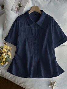 Comfortcana 大尺碼女款捲袖口短袖鈕扣門襟素色襯衫 - 藏蓝色 - 查看 1