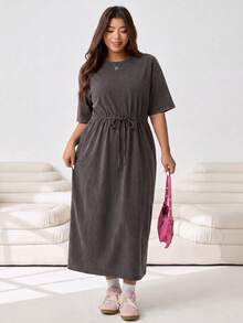 Solflare Plus Size Vintage Washed Snowflake Print Loose Long T-Shirt Dress,Adjustable Waist,Chocolate Brown,Sommar,Smart Casual,Vacation,High Street,Daily Wear - Chocolate Brown - View 6