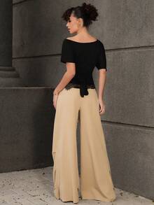 Xuxu's by Gio Pantalones extra largos de pierna ancha holgados y vintage de tiro ultra bajo - Caqui - Ver 3