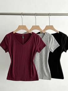 SHEIN EZwear 3件組女款夏季V領修身T恤，龐克次文化動漫風素色基礎款短袖修身T恤 - 彩色 - 查看 3