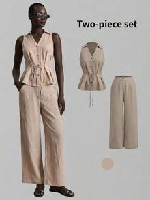 Ontre Women's Summer Casual Front Button Sleeveless Shirt And Pants 2 Pieces Set - Khaki - View 1