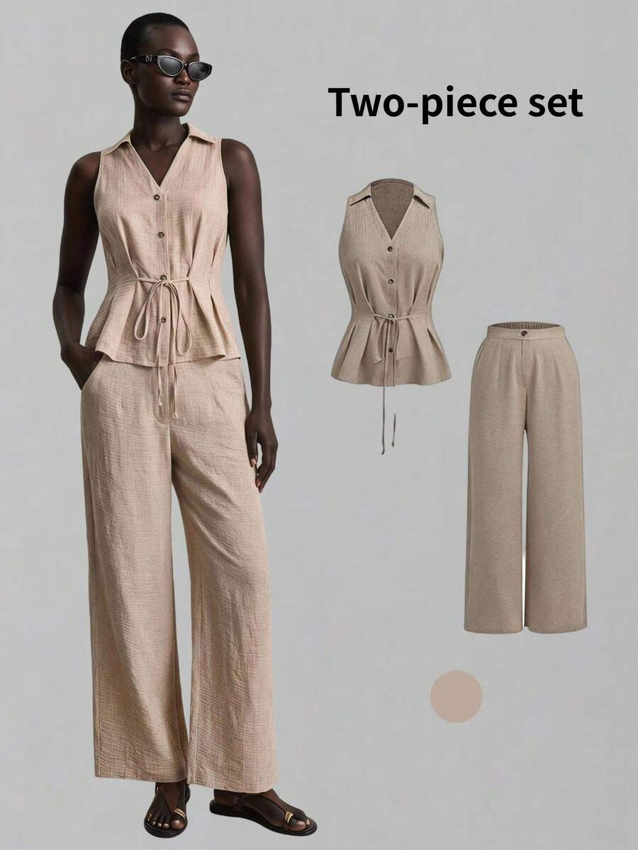 Ontre Women's Summer Casual Front Button Sleeveless Shirt And Pants 2 Pieces Set - Khaki - View 1