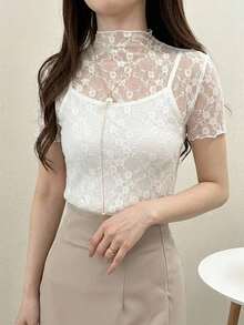 FRIFUL Atasan Wanita Lengan Pendek Pas Badan dengan Detail Renda Elegan untuk Musim Panas - Putih - View 5