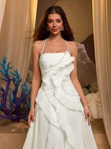 Glamrae 优雅奢华飘逸雪纺褶皱系领无袖荷叶边A字型女士正式晚礼服 - 白色 - 查看 8