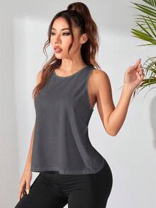 SHEIN Sports Plus Size Women's Solid Color Round Neck Casual Versatile Daily Gym Sports Outing Sports T-Shirt Grey Summer Gym Active - Dark Grey - View 6