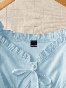 SHEIN PariChic 女士优雅法式荷叶边系带拼接蕾丝镂空碎花露肩修身短款衬衫，春夏 - 藍色 - 查看 4
