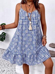 EMERY ROSE Plus Size Women's Plaid Loose Ruffle Hem Cami Dress - Blue - View 4