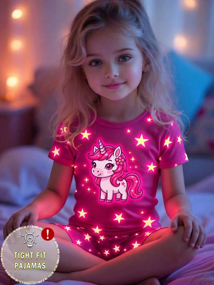 SHEIN 女童幼童可愛卡通恐龍印花修身圓領T恤與修身短褲休閒居家服貼身款 - 粉色 - 查看 1