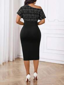 SHEIN Lady 女款優雅不對稱肩拼接鈕扣修身下擺洋裝 - 黑色 - 查看 2