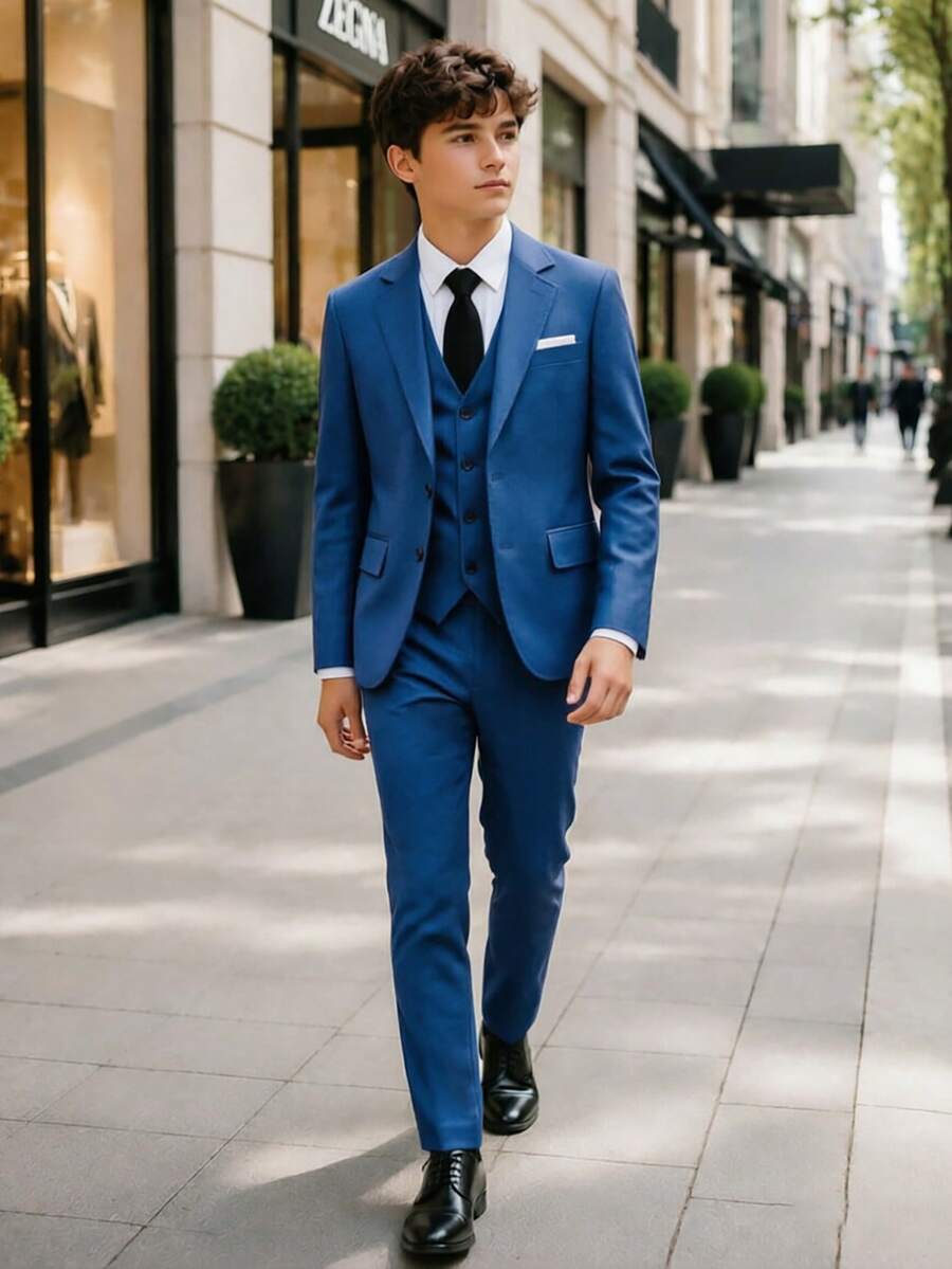 SHEIN Bộ vest 2 món cho bé trai tuổi teen, trang phục quý ông lịch sự cao cấp, thời trang nam tính cho tiệc, công sở, đám cưới, biểu diễn sân khấu và MC, áo blazer dài tay + quần dài, mùa xuân hè thu - Màu xanh hải quân - Xem 1