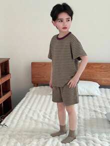 Dazy Kids 青少年男孩條紋短袖上衣與短褲家居服套裝 夏季 - 卡其色 - 查看 6