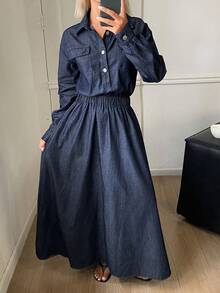 DAZY Summer Autumn Collared Cinched Waist Long Sleeve Solid Color Women's Denim Dress - Blue - View 3